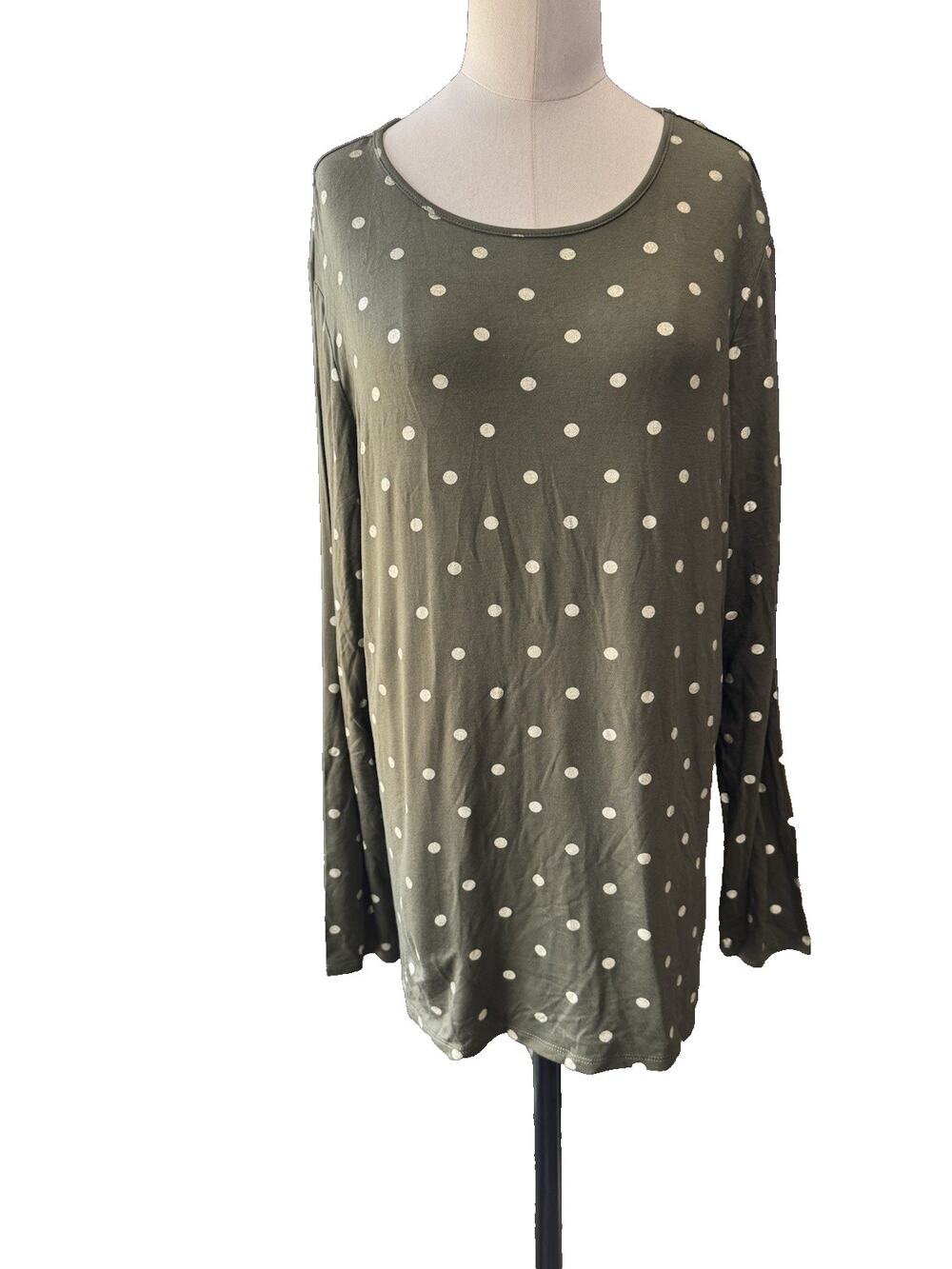 Chico's Ultimate T Shirt NWT L 12-14 Olive Green Gold Polka Dot Long Sleeve